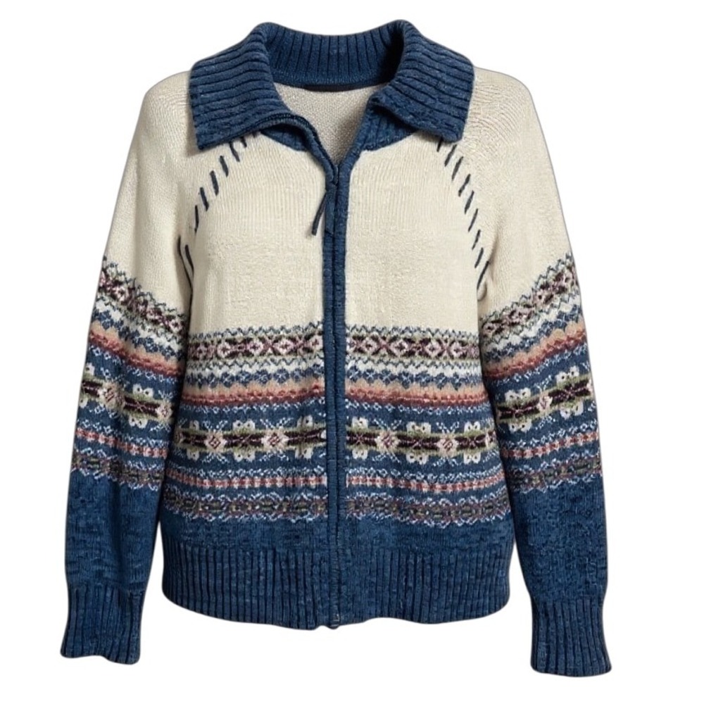 VINTAGE 90s Carly St. Claire Fair Isle Full Zip Cardigan Sweater Blue Cream L